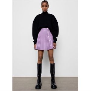 ZARA Faux Leather Pleated Lilac Mini Skirt Side Button Suede Skater Girl Preppy